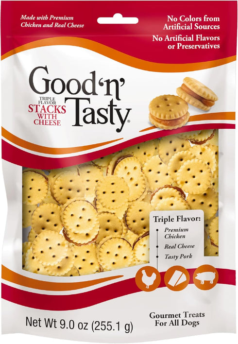 Good 'n' Tasty Triple Flavor Stacks with Cheese, 9 Ounces, Bite Sized Snacks for Dogs with Real Cheese