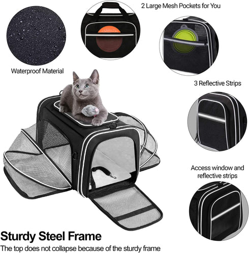 Expandable Pet Carrier with Mesh Pockets, Shoulder Strap, Washable Pads - Suitable for 2 Cats, Kittens, Puppies, Dogs