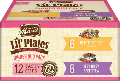 Merrick Lil’ Plates Grain Free Dinner Duos, Soft Natural Wet Small Dog Food Variety Pack, Beef and Chicken, 2.6 lb. Tub