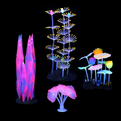 Glowing Fish Tank Decorations Plants, 4 pcs Glow Aquarium Decorations, Glowing Coral Plant Ornaments Lotus Kelp and Anemone