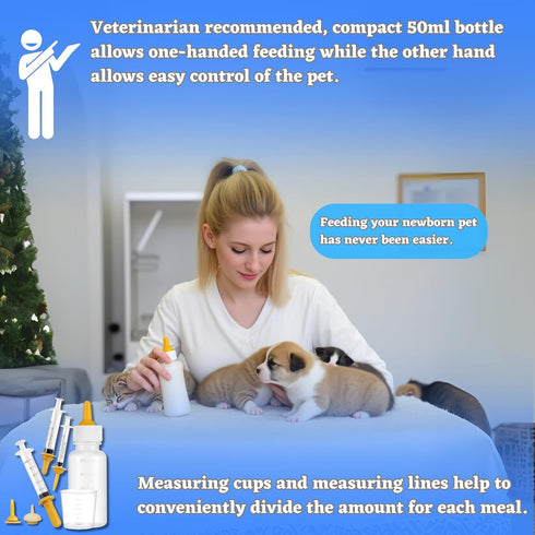50ml Set Newborn Pet Feeding Kit, Nursing Bottle & Syringe for Puppies, Kittens, Rabbits, Squirrels BPA-Free Silicone