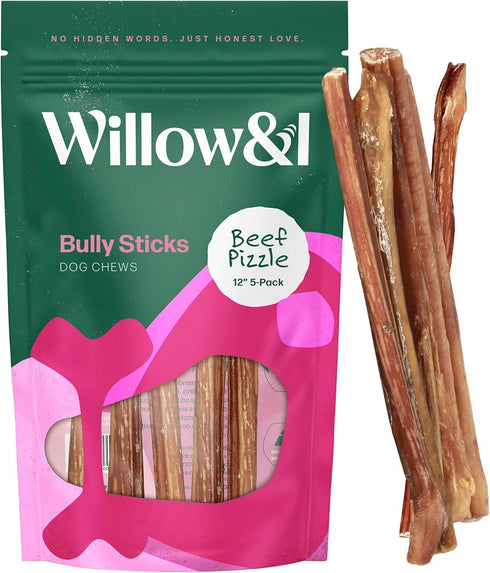 Willow&I Bully Sticks for Dogs - 12 Inch for Large Dogs (5 Pack), 100% Natural Grass Fed Beef Pizzle Sticks