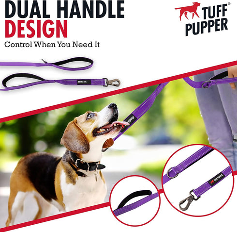 Tuff Pupper Heavy Duty Double Handle Dog Leash | Twist Locking Carabiner Dog Clip | Safety Lock Leash To Hold Strong Dogs | Reflective For Safe Night Walks | 6 Foot Dog Leash | For Medium & Large Dogs