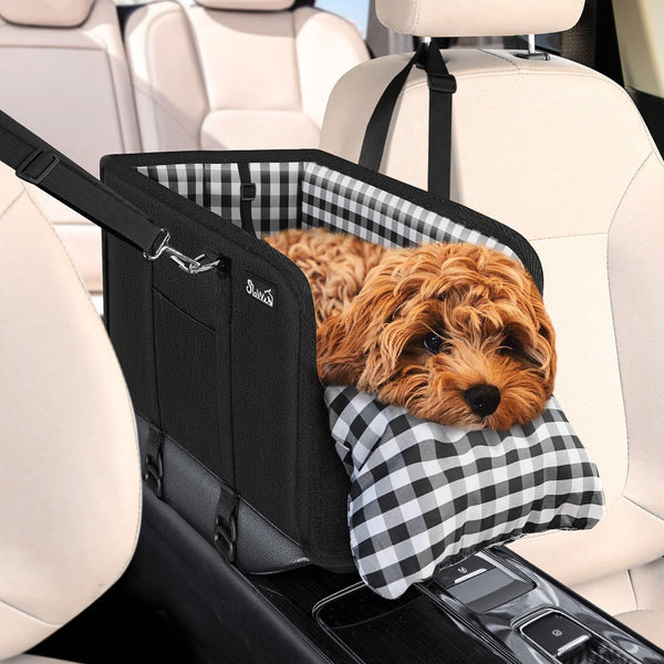 SlowTon Portable Dog Car Seat - Armrest Booster Seat for Small Dogs, Anti-Collapse with Soft Cushion Safety Belt, Black