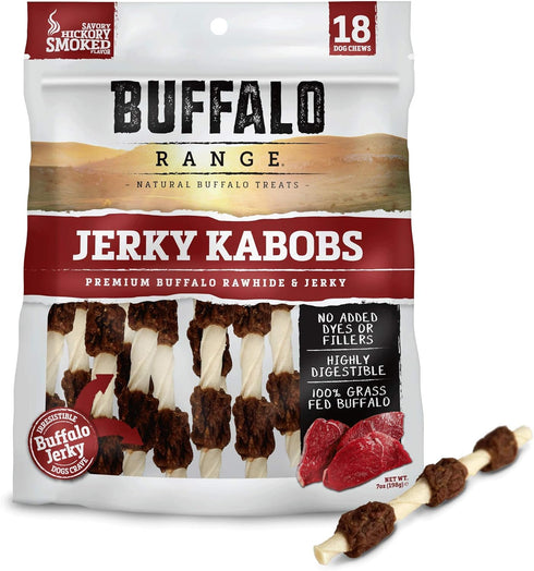 Rawhide Dog Treats, Healthy Grass-Fed Buffalo Jerky Chews, Hickory Smoked Flavor, Jerky Kabob, 18 Count