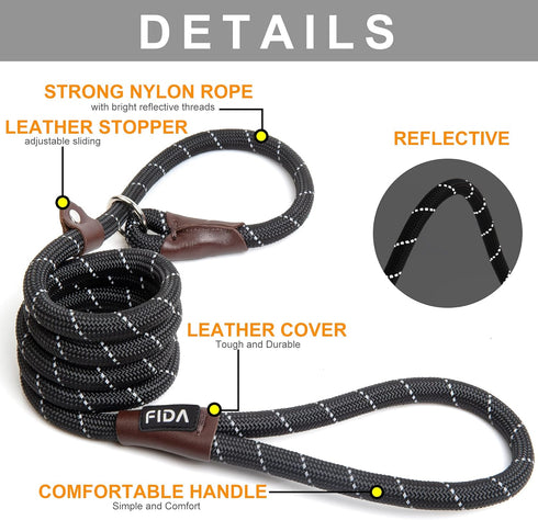 Fida Durable Slip Lead Dog Leash, 6 FT x 1/2" Heavy Duty Comfortable Rope Leash for Large, Medium Dogs, No Pull Training