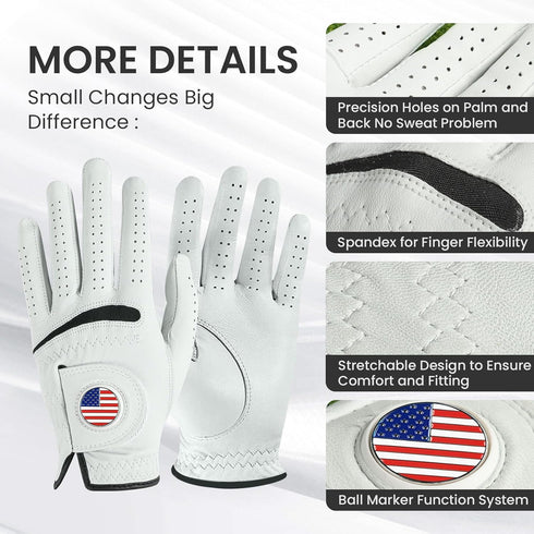2 Pack, Amy Sport Golf Gloves Men Cabretta Leather with Ball Marker Value Non Slip All Weather Grip for Left Hand Right