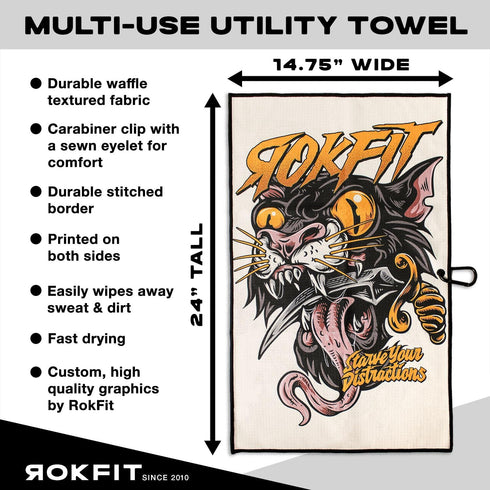 RokFit Gym Towel - Multi-use Bold Graphic Towel with Carabiner Clip for Golf and Utility (Starve Your Distractions)