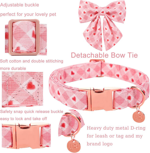 Valentine Dog Collar with Bow Tie, Valentine Bowtie Collar for Large Girl Boy Dog, Cotton Collar with Metal Buckle, Valentine’s Day Gift Pet Collar, L, Neck 16-24in, Pink Plaid