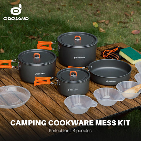Odoland 15pcs Lightweight Non-Stick Camping Cookware Pots and Pans Set with Plastic Plates and Bowls