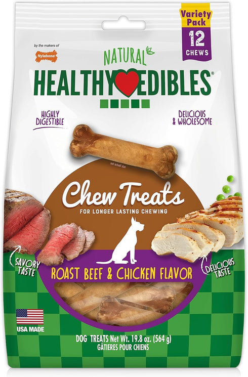 Nylabone Healthy Edibles Natural Dog Chews, Long Lasting Roast Beef & Chicken Flavor Treats for Small/Regular Dogs (12