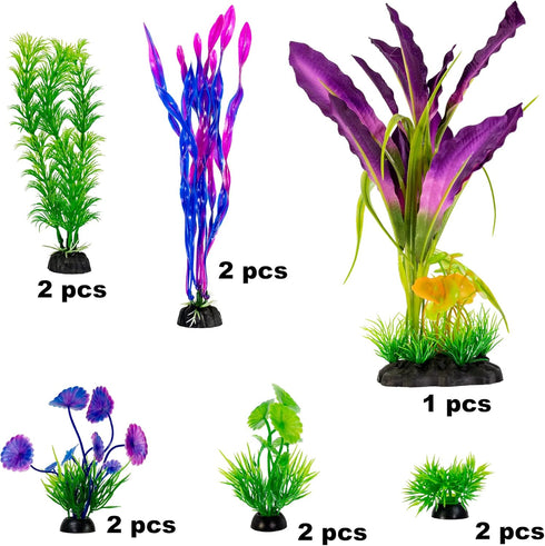 Fish Tank Decorations, Plastic Artificial Plant Set, 11 Pieces Medium/Large Flower Ornament for Freshwater & Saltwater
