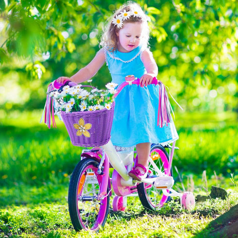 Kid's Bicycle Basket Streamers Set, Wicker Handlebar Basket with Colorful Streamers, Bell, Stickers