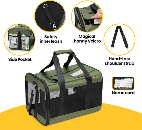 Airline Approved Cat Carrier, Soft-Sided Dog Carrier with Inner Safety Leash for Small-Medium Cats & Puppies up to 15