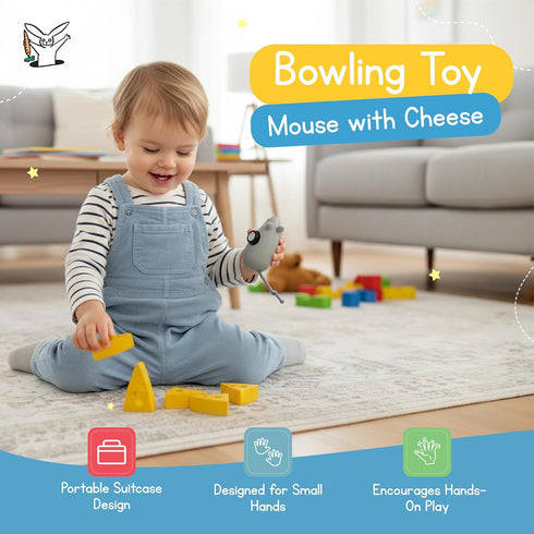 Set, 2 Jack Rabbit Creations Mouse & Cheese Wooden Bowling Toy Pull-Back Mouse Car, Bowling Pins, FSC Certified Wood