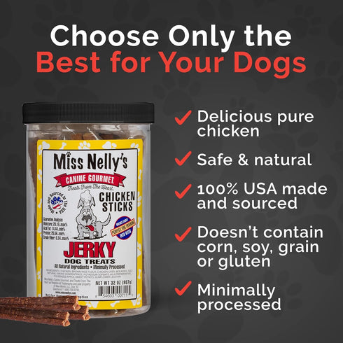 Miss Nelly's Chicken Jerky Dog Treats - Soft Sticks - Original Smoke House Recipe - USA Made and Sourced - Minimally
