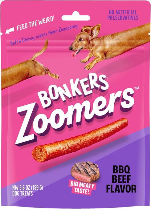 5.6 OZ 159 (6 Pack), Bonkers Zoomers, Soft & Chewy BBQ Beef Flavored Dog Treats, / G Dog Treats, Treats for Training