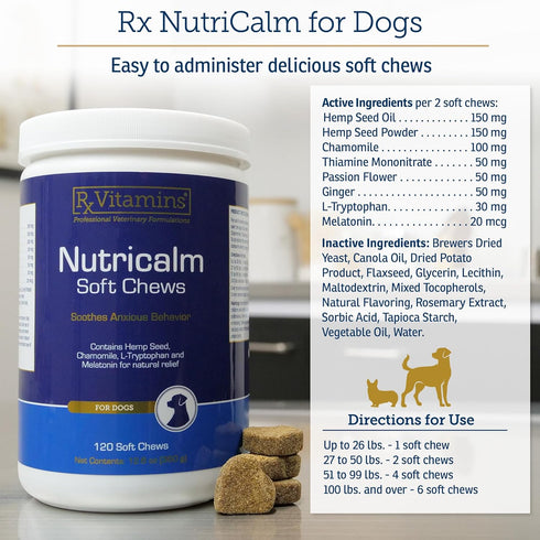 Rx Vitamins NutriCalm: Hemp Calming Chews for Dogs with Melatonin and Chamomile, 120 Capsules