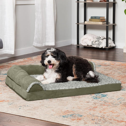 Furhaven Orthopedic Dog Bed for Large/Medium Dogs, Removable Bolsters & Washable Cover, Two-Tone Plush Faux Fur, Dark