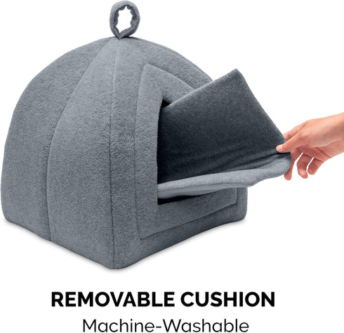 Furhaven Cat Bed Cave for Indoor Cats & Small Dogs - Washable Polar Fleece Pet Tent with Removable Cushion - Heather