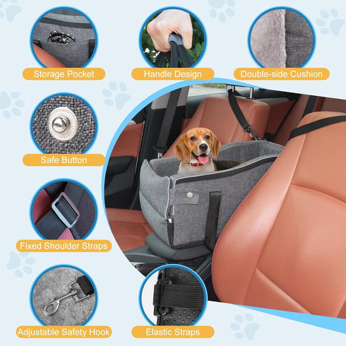Center Console Dog Car Seat for Small Dogs Up to 12lbs, Portable Middle Console Booster Seat with Adjustable Straps