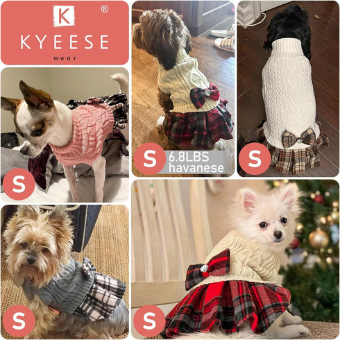 KYEESE Knitwear Dog Sweater for Small Dogs, Thick Clothes with Bowtie, Stretchy Cat Sweater Dress for Cold Weather