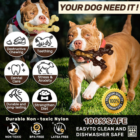 2 Pack Dog Chew Toys for Aggressive Chewers, Tough Indestructible Dog Bones for Medium/Large Breeds