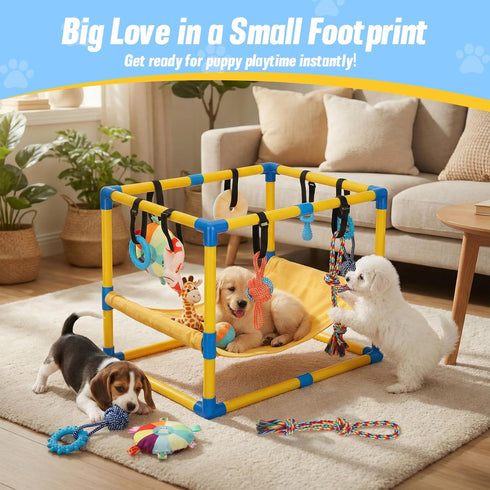 Bullro 8 Hammock Puppy Play Gym with Hanging Toys, Dog Jungle Gym Indoor with and Funny Enrichment Toys, PVC Frame