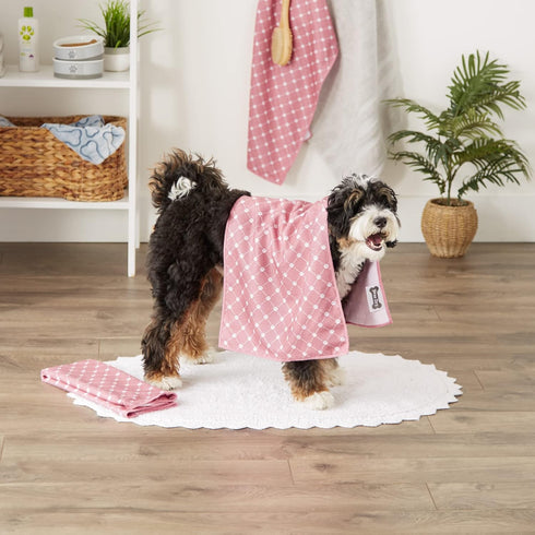 Bone Dry Pet Grooming Towel Collection, Trellis Print Microfiber Absorbent Drying Set, 15x30, Rose, 3 Count