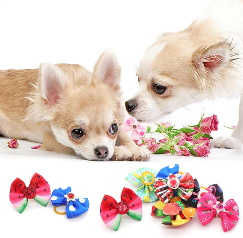 40PCS Christmas Dog Bows - Cute Puppy Small Bowknot Hair Bows with Rubber Bands - Pet Grooming Accessories for Party