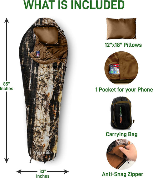 SereneLife Mummy Sleeping Bag Camping Gear - Lightweight Weather Proof Sleeping Bag for Adults/Teens with Pillow and Bag