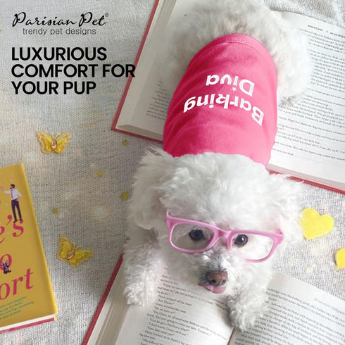 Parisian Pet Dog Tshirt - “Barking Diva“ Embroidered Girl Dog Clothes, Lightweight Pink Tee, 2XL