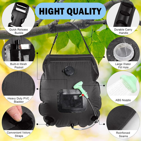 Solar Shower Bag, 5 Gal/20L Solar Heating Camping Shower Bag, Removable Hose, On-Off Switchable Shower Head