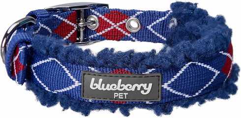 Blueberry Pet Soft Padded Dog Collar, Royal Blue Scottish Argyle Fleece for Small Dogs, Adjustable Neck 9-12.5"