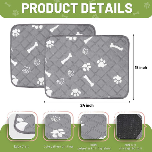 Washable Pee Pads for Dogs, 18'' x 24" Reusable Puppy Pads for Training, Housebreaking, 2 Pack with Waterproof Bottom