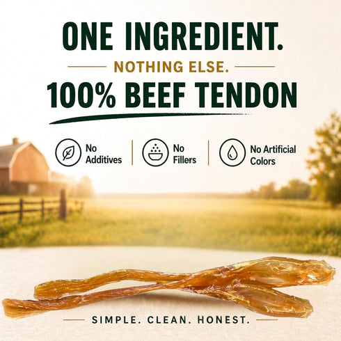 100% 4oz Beef Tendon Sticks Dog Chews Single Ingredient, Long-Lasting Natural Chew for Light & Moderate Chewers