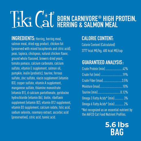 Tiki Cat Born Carnivore High Protein, Herring & Salmon Meal, Grain-Free Baked Kibble, Dry Cat Food, 5.6 lbs Bag