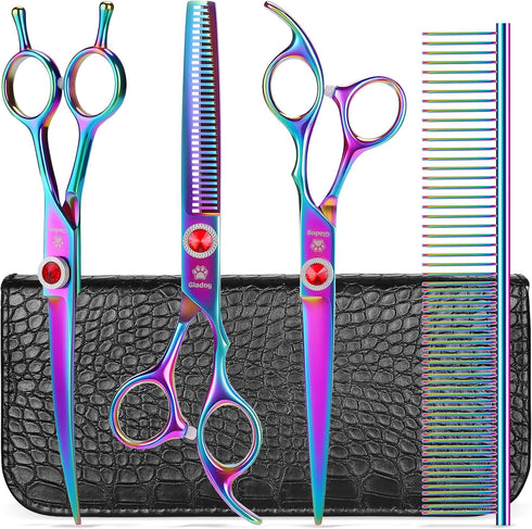 GLADOG 7 Inch Professional Dog Grooming Scissors Kit, 5-in-1 Titanium Coated Pet