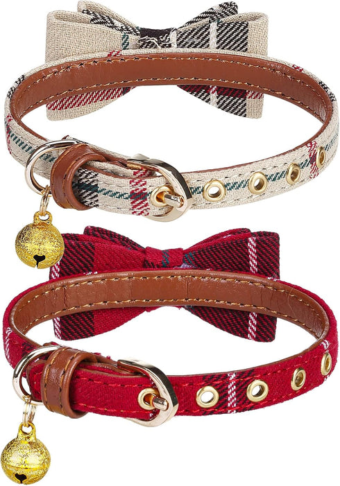 PUPTECK Puppy Collar with Bell, XXS Adjustable Bowtie Soft Leather Dog Collar for Cats & Extra Small Dogs (2 Packs)