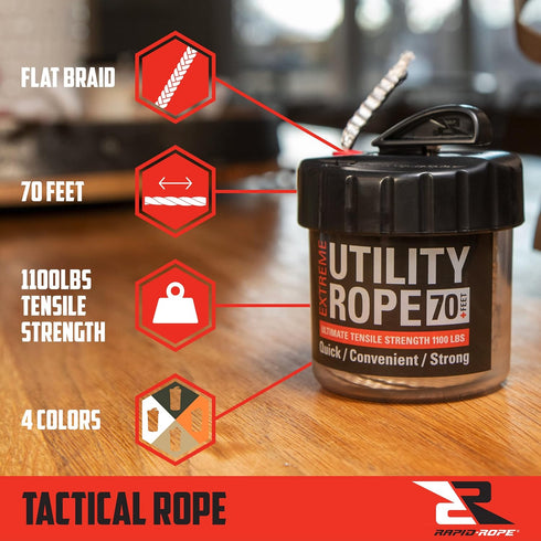Rapid Rope Canister 70ft - Orange Flat Tactical Paracord, 1100lb Tested Heavy Duty Poly Rope with Non-Tangle Dispenser