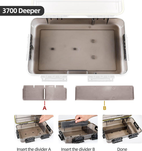 RUNCL Fishing Tackle Box, Waterproof 3600 3700 Tray with Adjustable Dividers for Freshwater