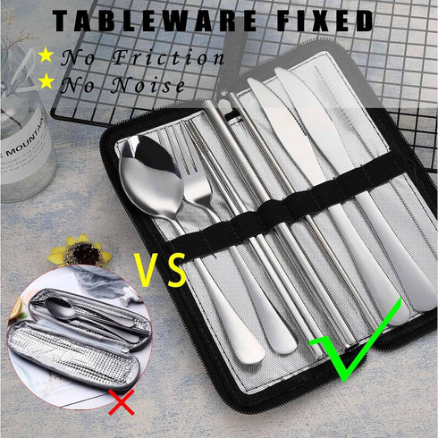 VANDBAO Camping Utensils Set, Portable Travel Utensils with Case for Fixing Tableware, Reusable Stainless Steel Cutlery Set, Includes Extra Steak Knife and Boba Straw, Lunch Flatware Silverware by VANDBAO