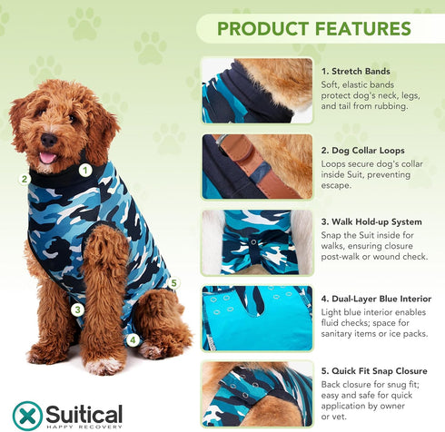 Suitical Recovery Suit for Dogs - Soft Fabric for Male or Female Spay and Neutering - 2XL, Blue Camouflage
