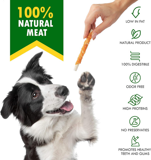 Dog Rawhide Sticks Wrapped with Chicken & Pet Natural Chew Treats - Grain Free Meat & Human Grade Dried Snacks in Bulk - Best Twists for Training Small & Large Dogs - Made for USA (Sticks)