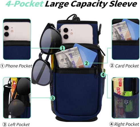 32/40/64/87/128 oz 4 AceTreker Water Bottle Carrier Bag, Neoprene Water Bottle Sleeve with Pocket, Sport Water Holder