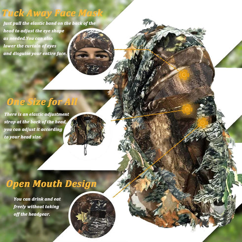 Ghillie Camouflage Leafy Hat with Camo 3D Leaf Face Mask, Full Coverage Breathable Hunting Mask Accessories