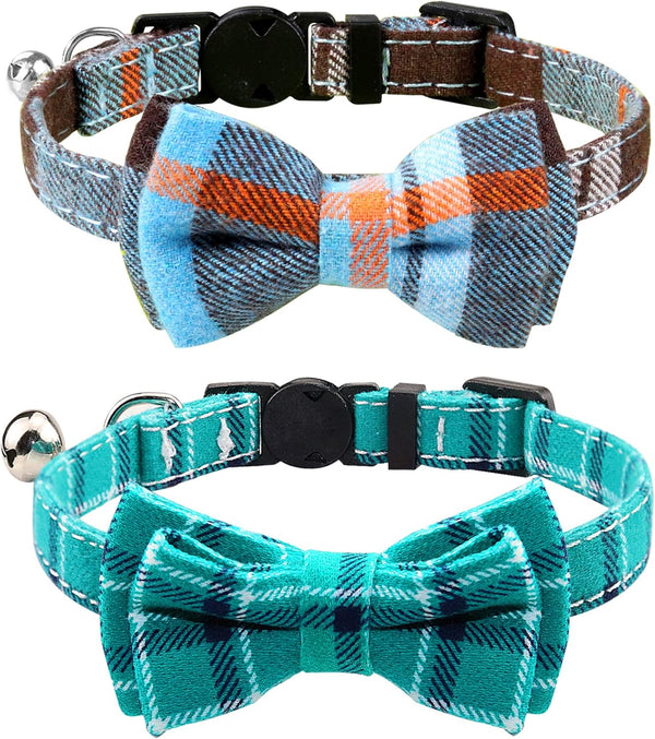 Joytale Upgraded Cat Collar with Bow Tie, Breakaway Collars with Bells, 2 Pack Safety Plaid Kitten Collars, Haze