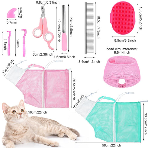 Kritkin 10 Set Pcs Cat Bathing Bag Pet Mesh Shower Bag Anti Bite and Scratch Pet Grooming for Washing Brush, Cat