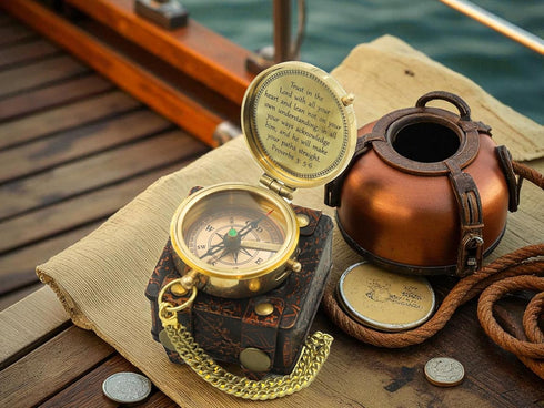 Handmade Brass Antique Compass with Leather Case Vintage Finish Functional Pocket Navigation Tool for Travel, Hiking