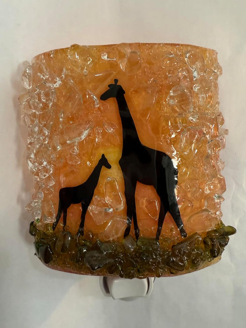 Reborn Glass Sunset Giraffes Mom Baby Serengeti Safari Fused Recycled Glass Art Night Light Nightlight Nitelite